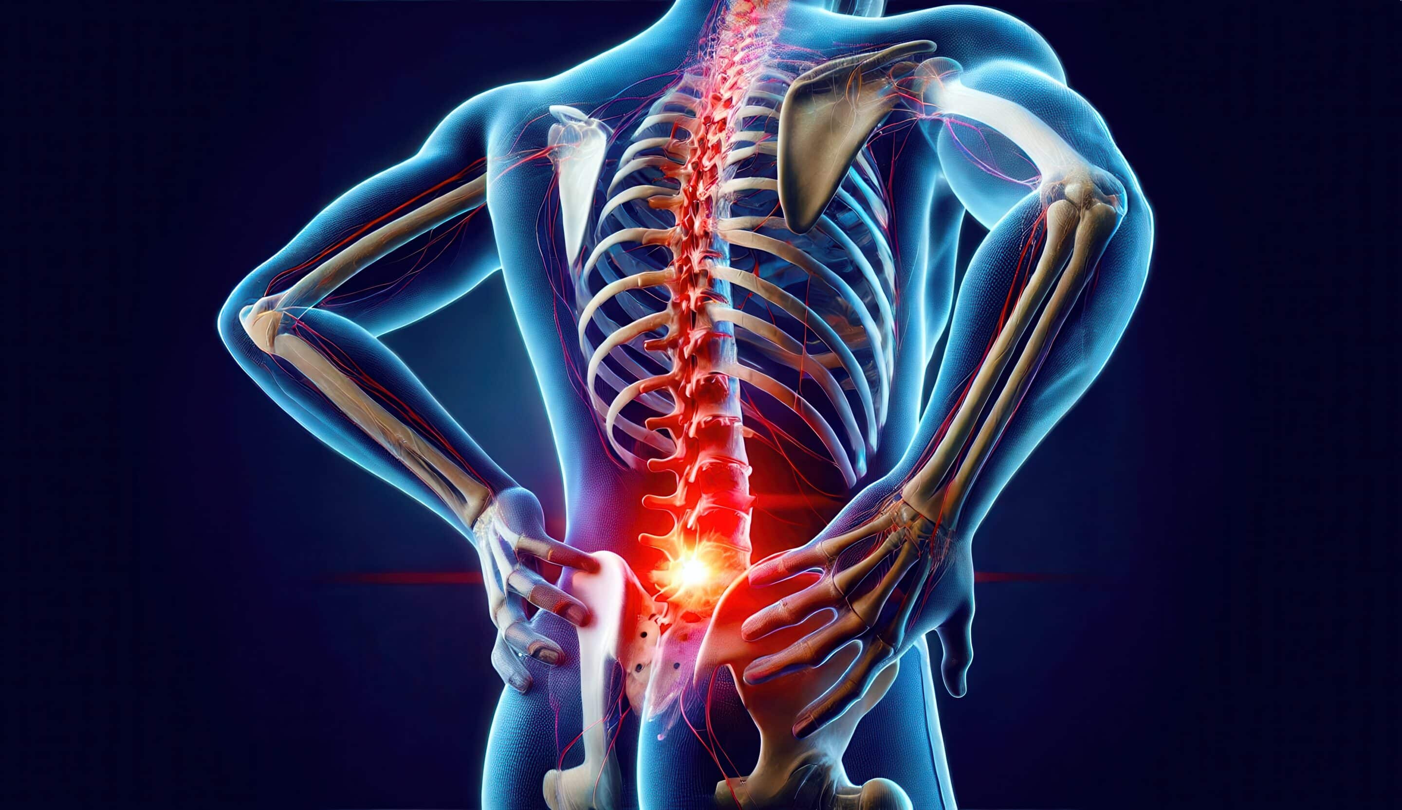 3D illustration of human lumbar spine with highlighted lower back pain