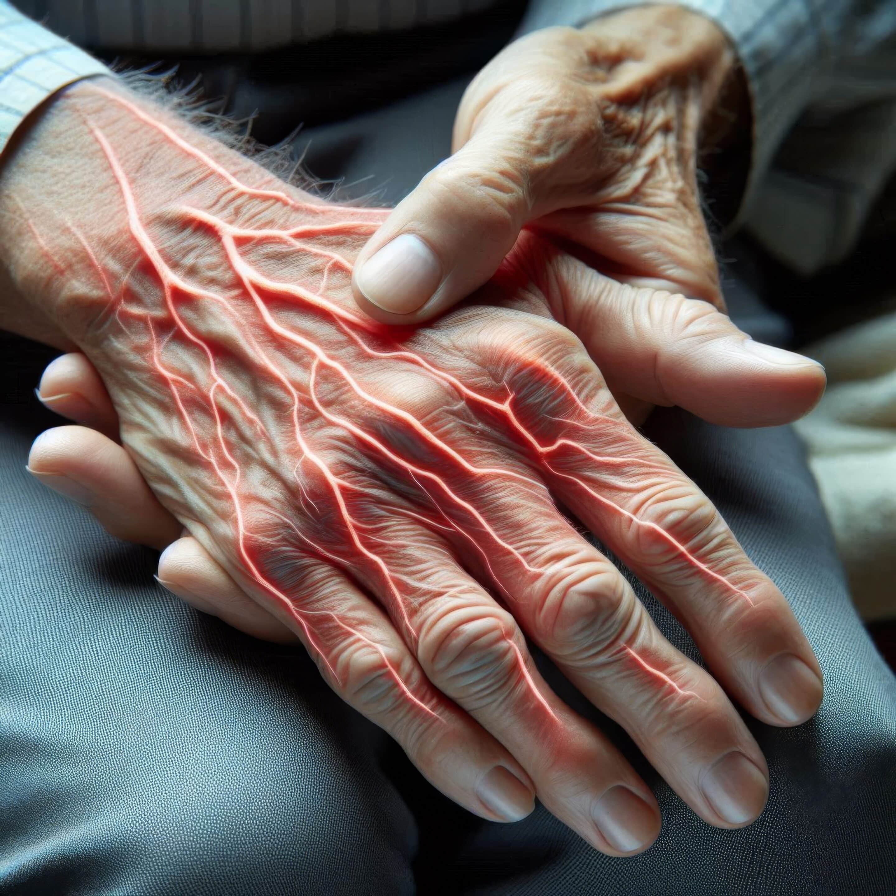 Elderly patient’s hand displaying symptoms of peripheral neuropathy pain and weakness ok